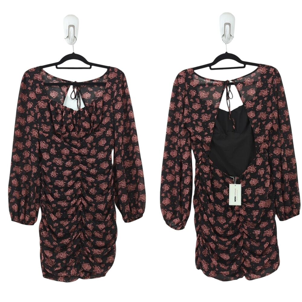 Fashion Nova Women L NovaVintage Annie Dress Black Pink Floral Ruched Open Back
